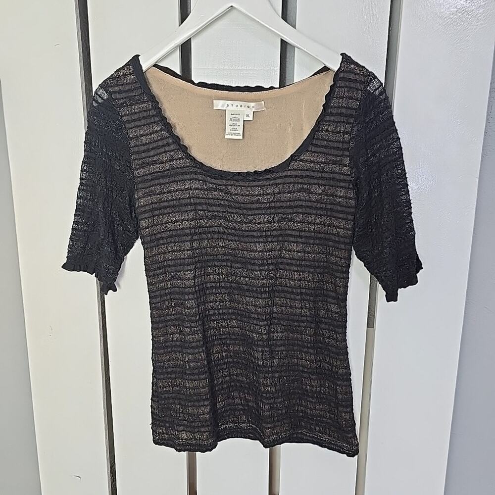 Studio M Fitted Sheer Mesh Black Beige Scoop Neck Shirt XL Medium Y2K Whimsygoth